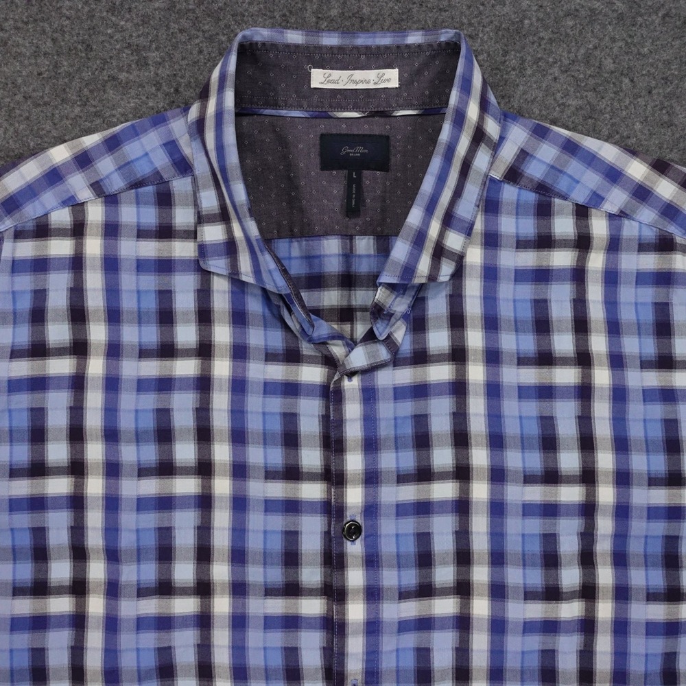 Good Man Brand Button Down Shirt Men's Large Plaid Short Sleeve Blue - Picture 3 of 10